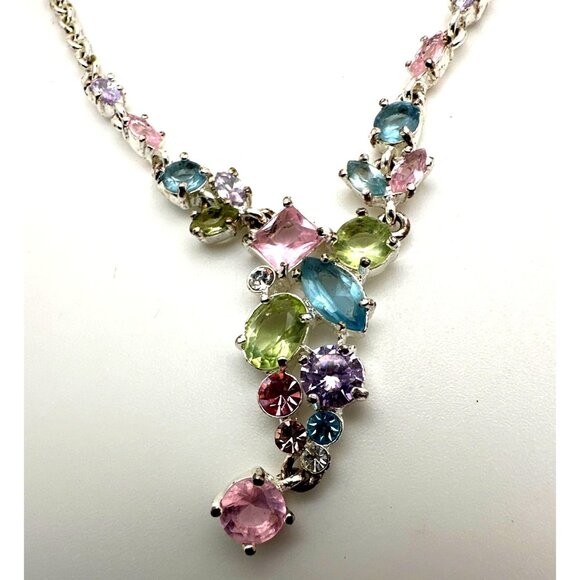 Elegant Vintage Napier Pastel Rhinestone Necklace Y Drop Signed Feminine Charm - Picture 3 of 11